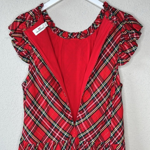 Vineyard Vines Tartan Plaid Ruffle Sleeve Tiered Holiday Red Green Dress Size 14 - Picture 7 of 12